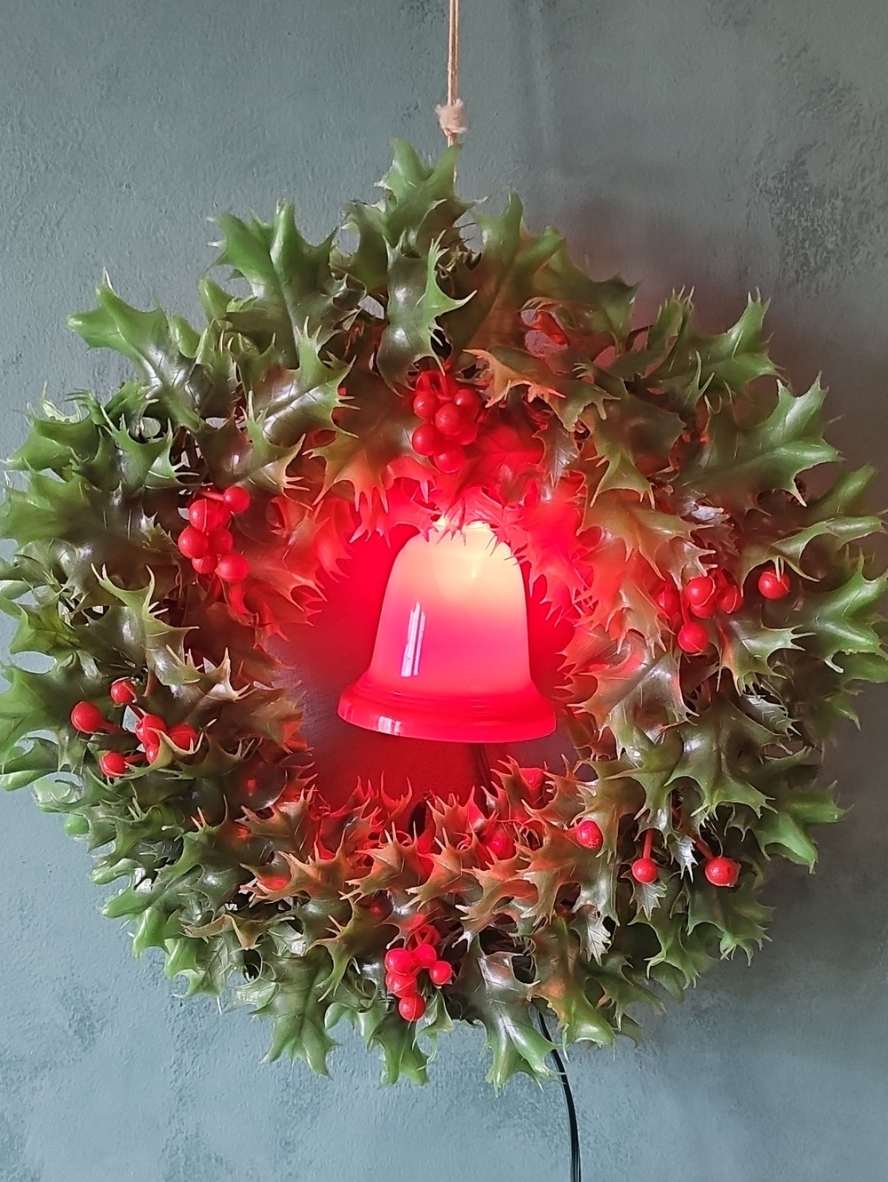 Vintage Plastic Christmas Holly Wreath with Lighted Bell